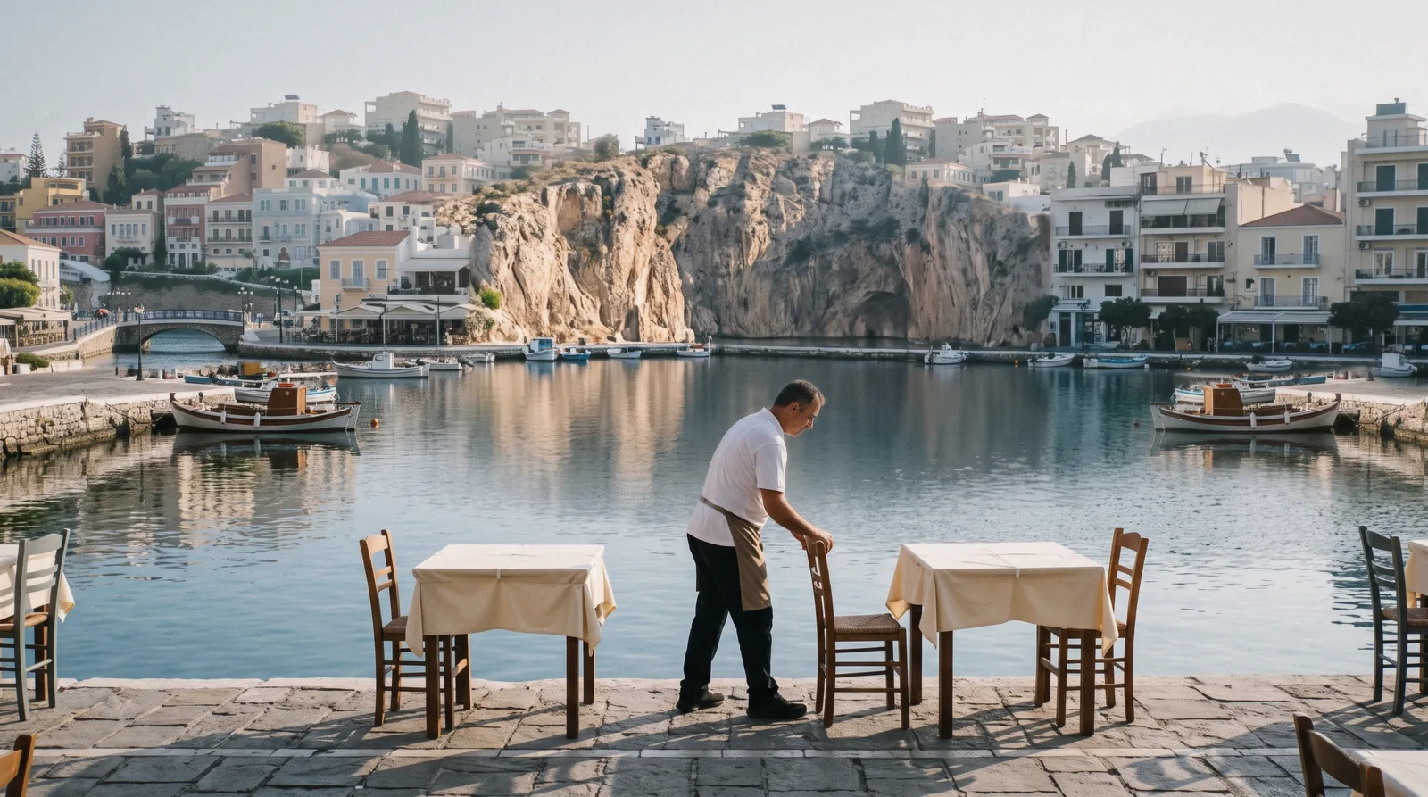 Lake Voulismeni and the harbour channel in Agios Nikolaos, Crete at sunrise
