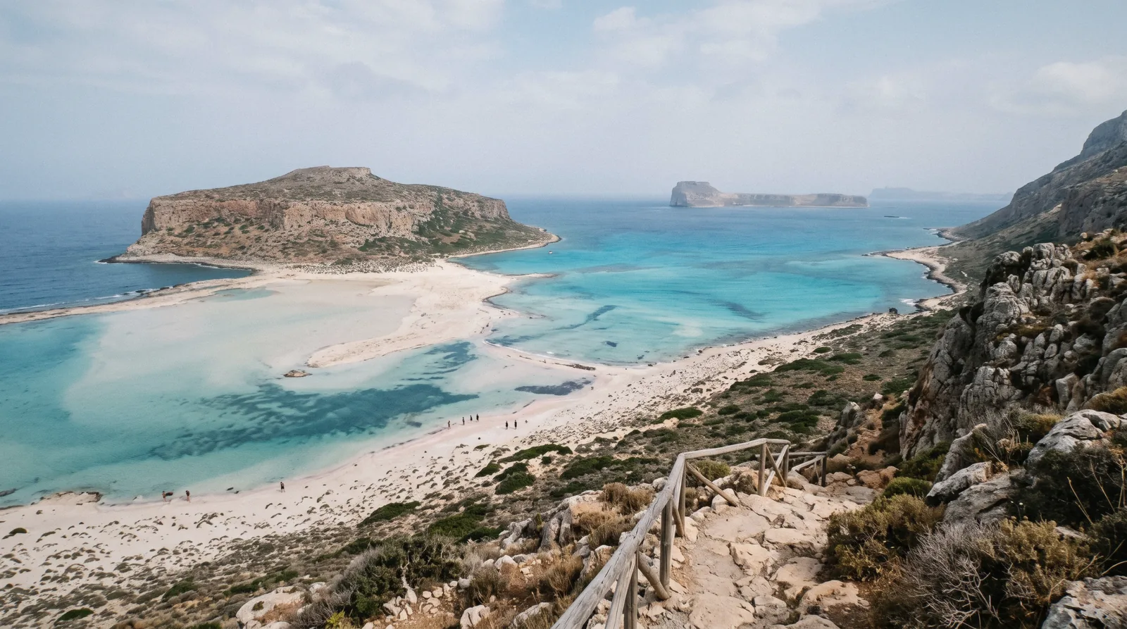 Turquoise water and the white sandbar of Balos Lagoon seen from the Gramvousa viewpoint, Crete