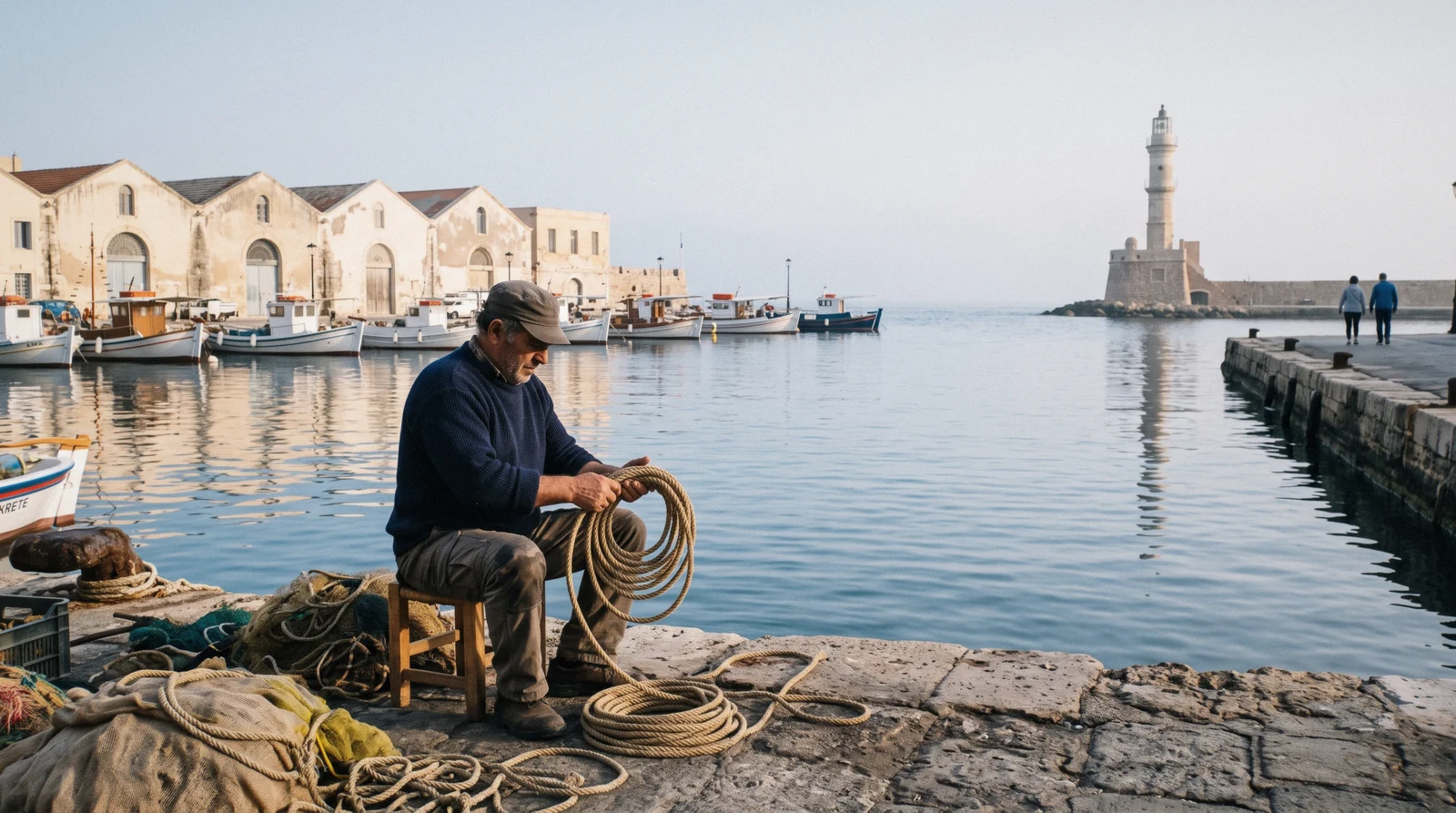 The Venetian harbour and lighthouse in Chania, Crete at sunrise