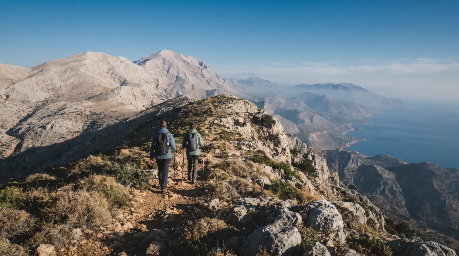 Two hikers walking a ridge trail in the White Mountains of Crete with distant peaks ahead