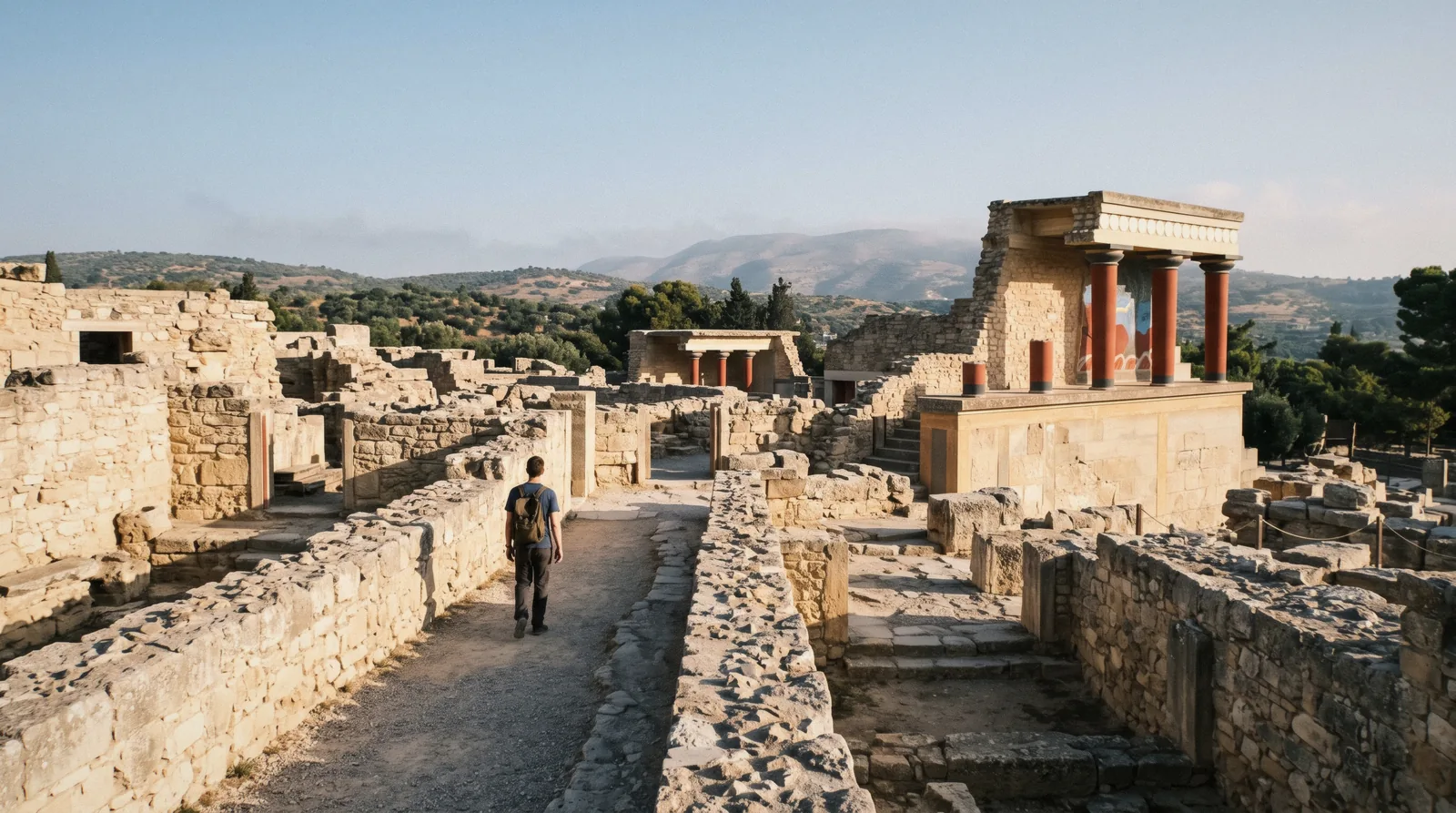 The restored red columns of Knossos palace at opening time, the first stop on a crete in 3 days itinerary