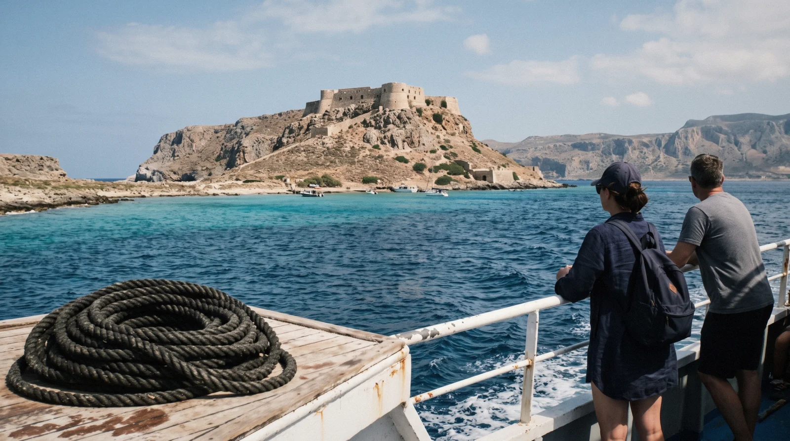 A turquoise lagoon and pink-tinted sand seen from a boat approaching Balos, the finale of a crete in 5 days itinerary