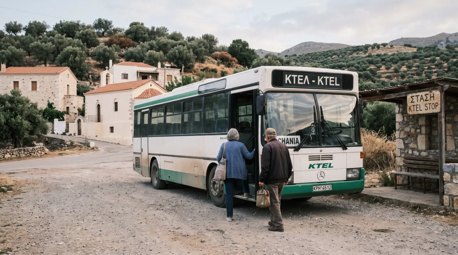 A KTEL intercity bus on a Crete road, the backbone of getting around Crete without a rental car