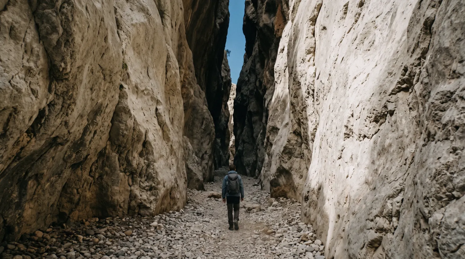 A hiker walking through the narrow pale limestone slot of Imbros Gorge, Crete
