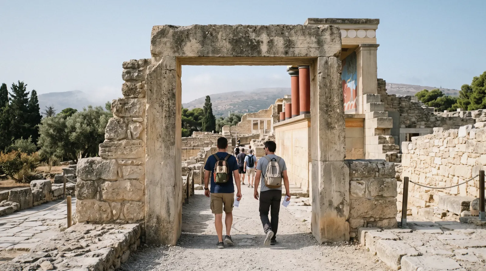 Visitors walking past the reconstructed south propylaeum at Knossos on a skip-the-line ticket, Crete