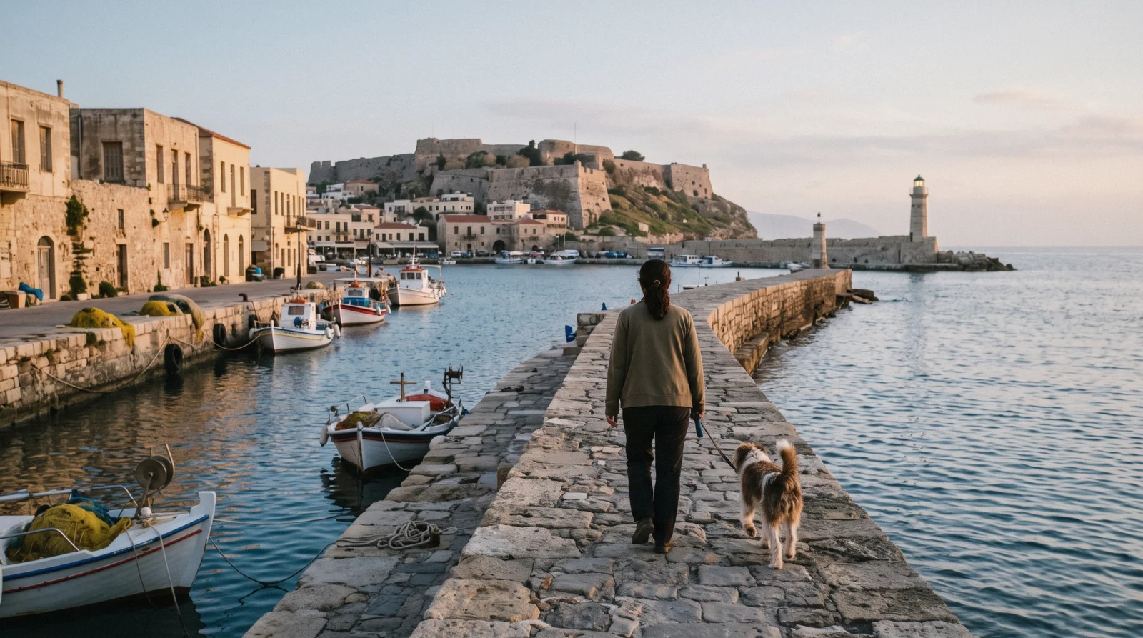 The old Venetian harbour and lighthouse of Rethymno, Crete, at dusk