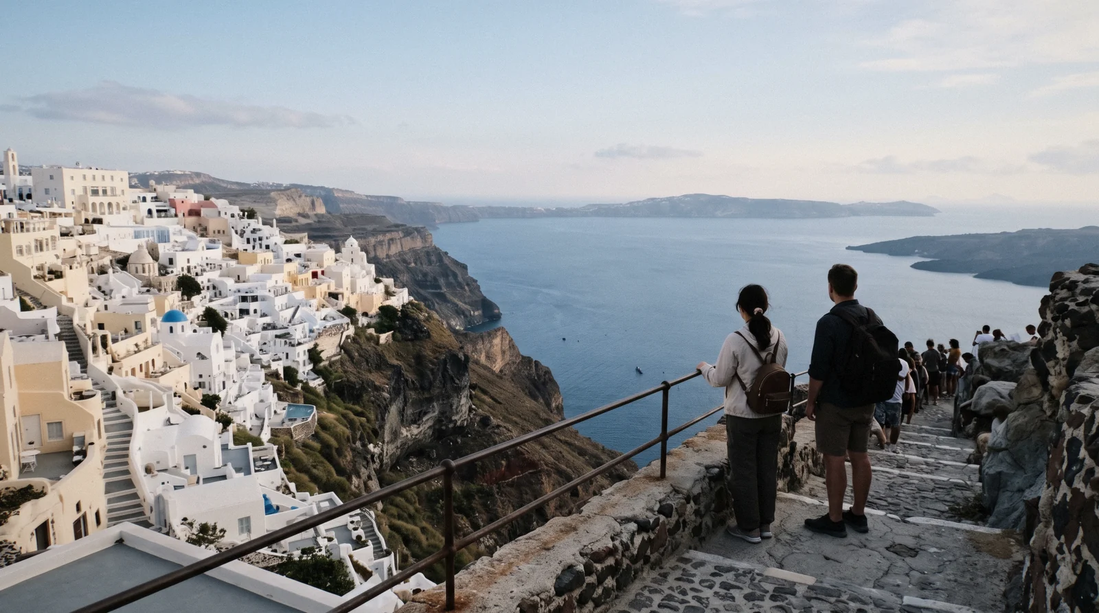 Travelers looking out over the Santorini caldera from a cliffside viewpoint in Oia in the late afternoon