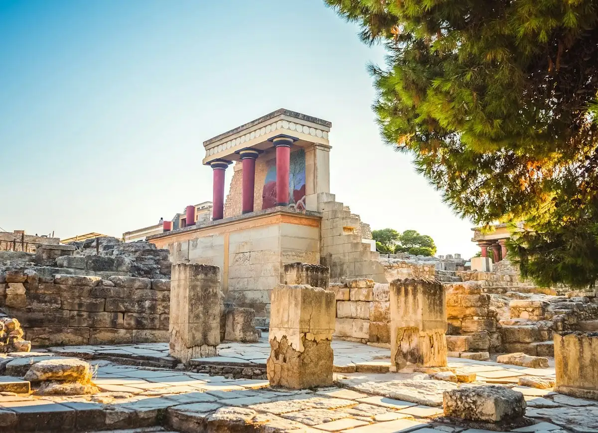 Throne Room and light well at the Palace of Knossos on a self-guided entry ticket, Crete Greece