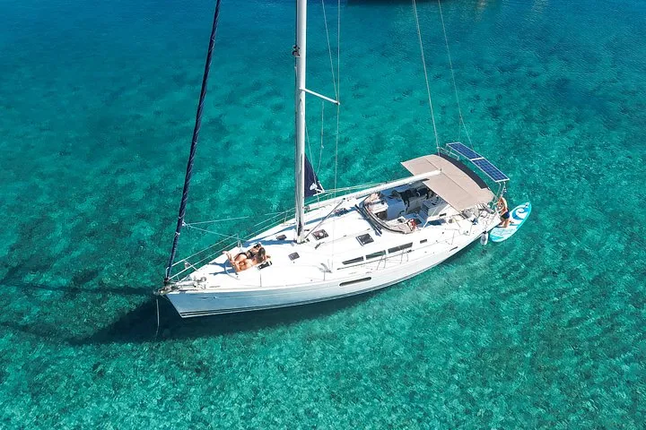 Sailing boat in a cove of Dia island on a cruise from Heraklion, Crete Greece