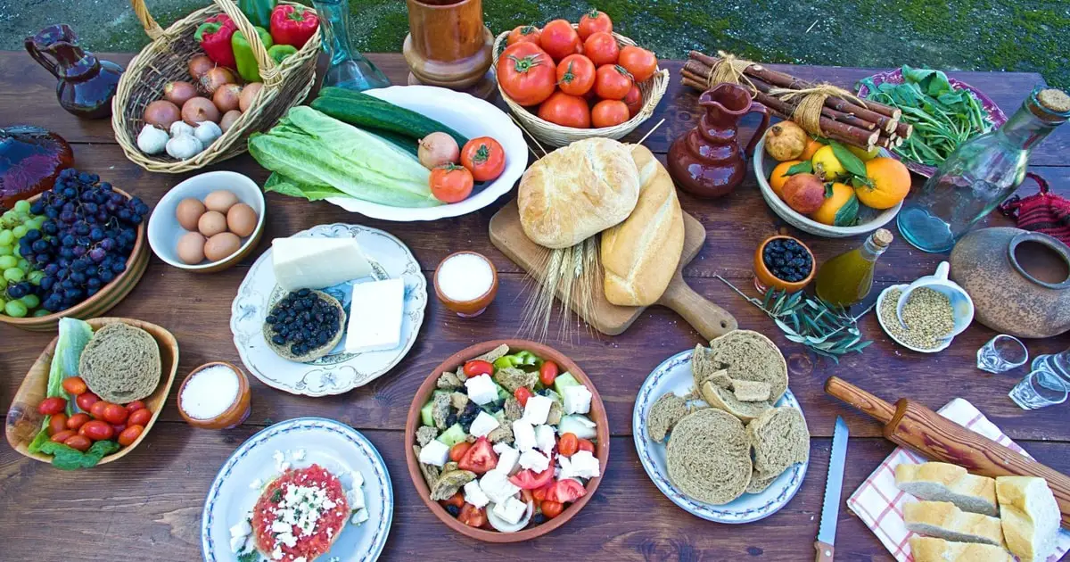 Cretan dishes on a farmhouse table at a cooking class in the White Mountains, Crete Greece