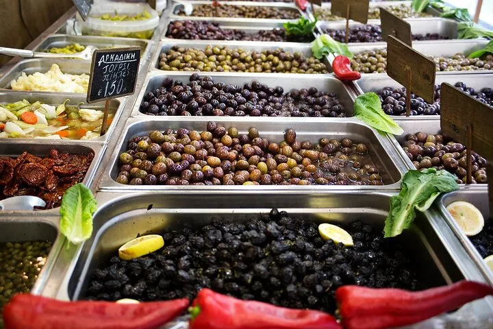 Market street in Heraklion on a food stories walking tour, Crete Greece