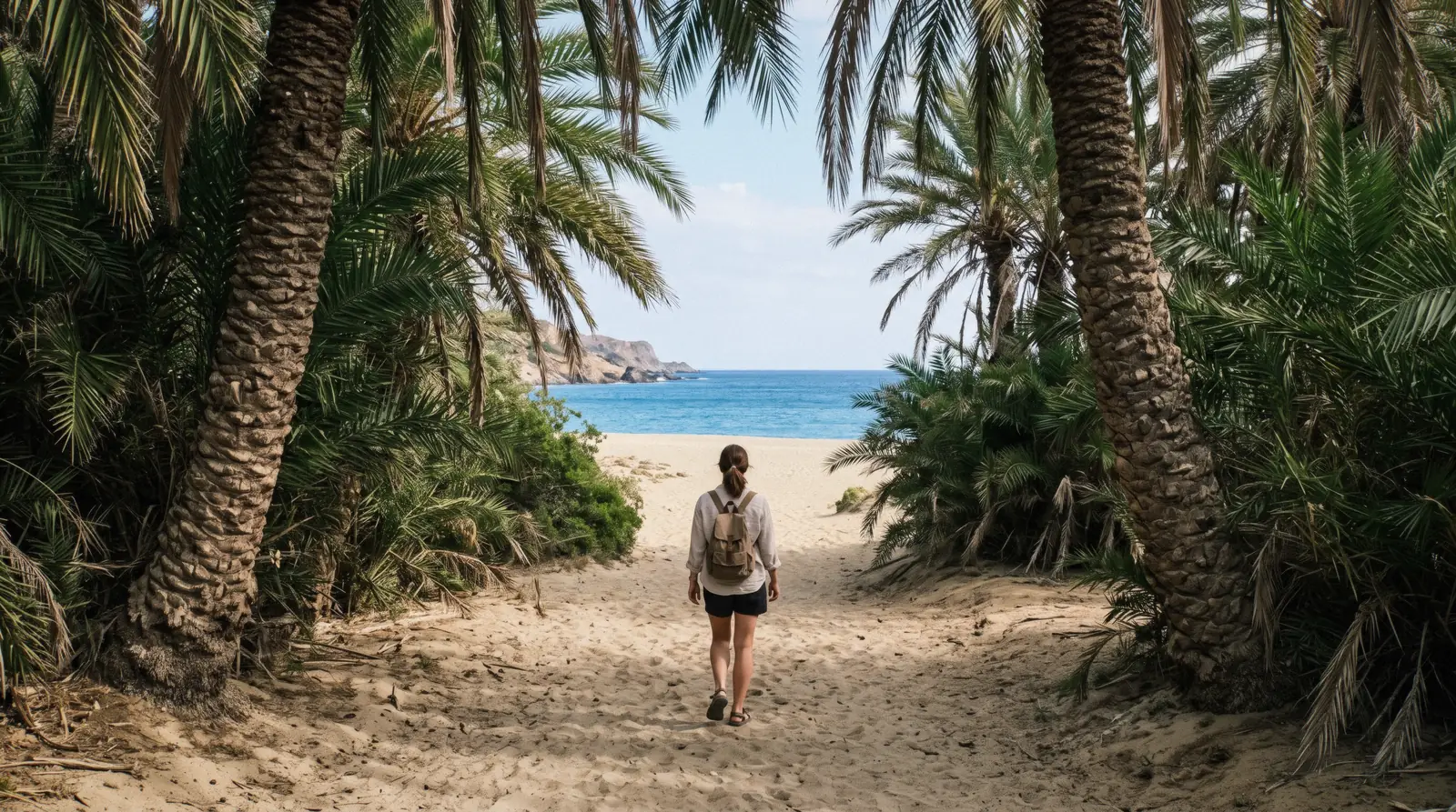 A path through tall wild date palms opening onto the sand at Vai beach, eastern Crete