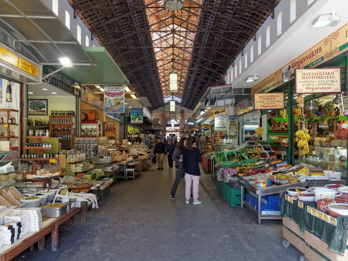 Produce stalls inside the Municipal Market of Chania, Crete