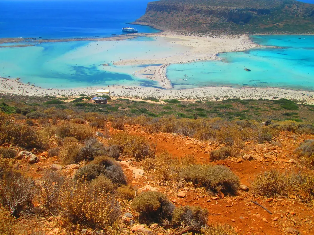 The Balos lagoon sandbar and turquoise shallows seen from the viewpoint above, Crete