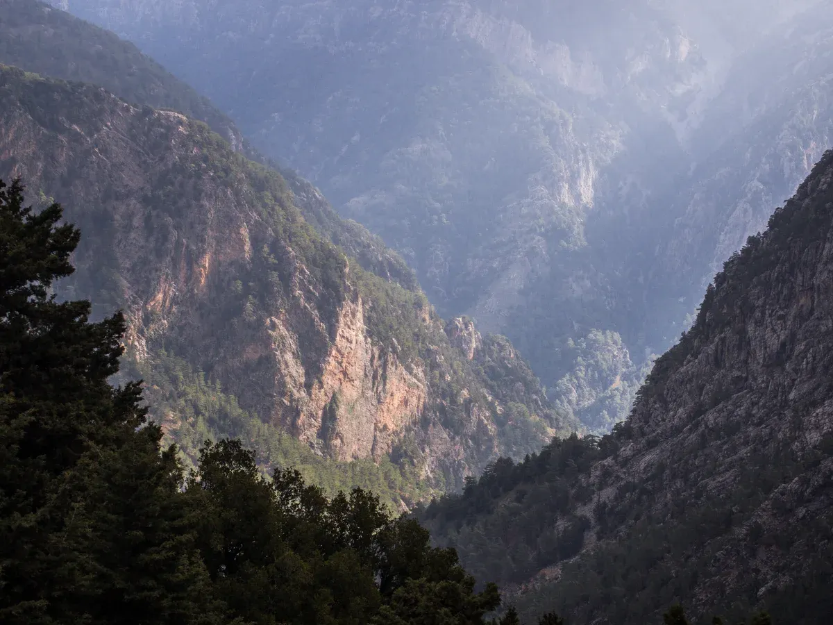 Samaria Gorge seen from the Xyloskalo trailhead at the start of a Crete day-trip hike