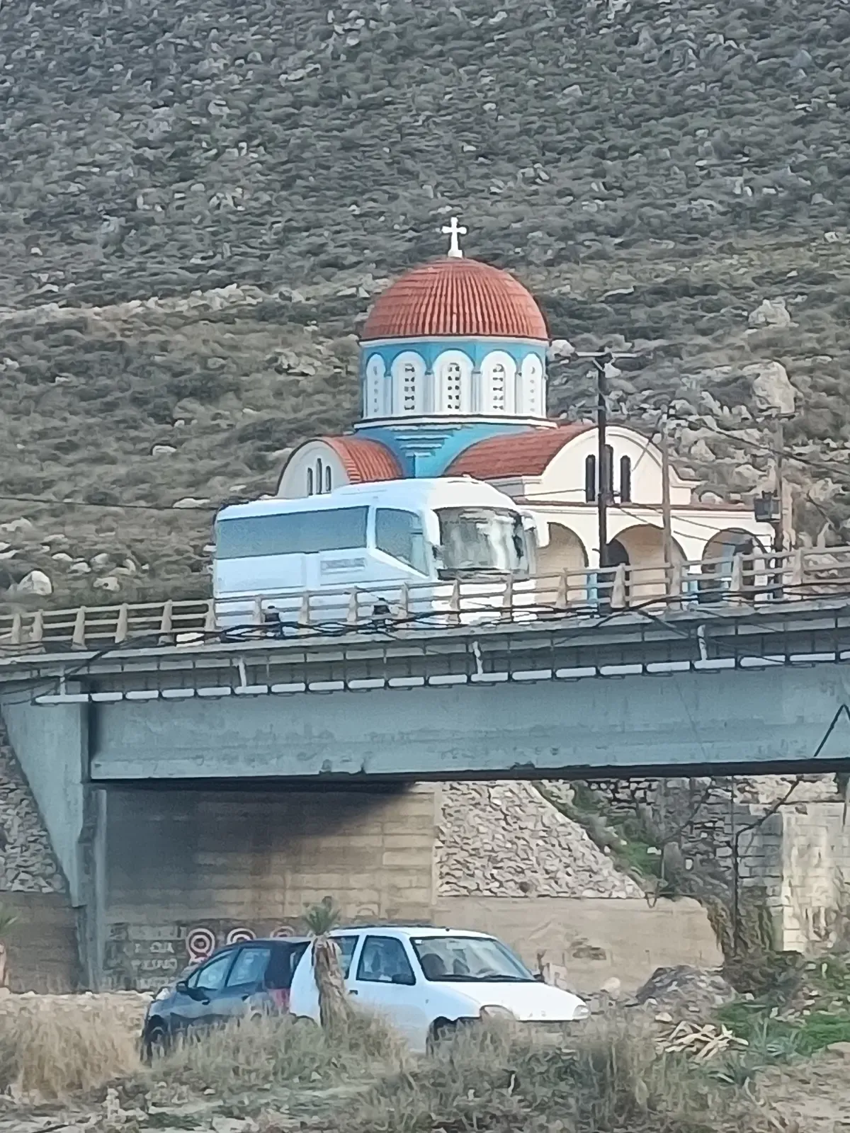 A KTEL intercity bus at a stop in western Crete, the backbone of getting around Crete by public transport