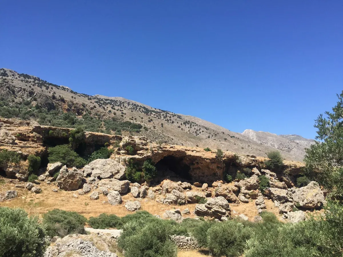 The wider lower stretch of Imbros Gorge with rocky terraces and olive trees, Crete