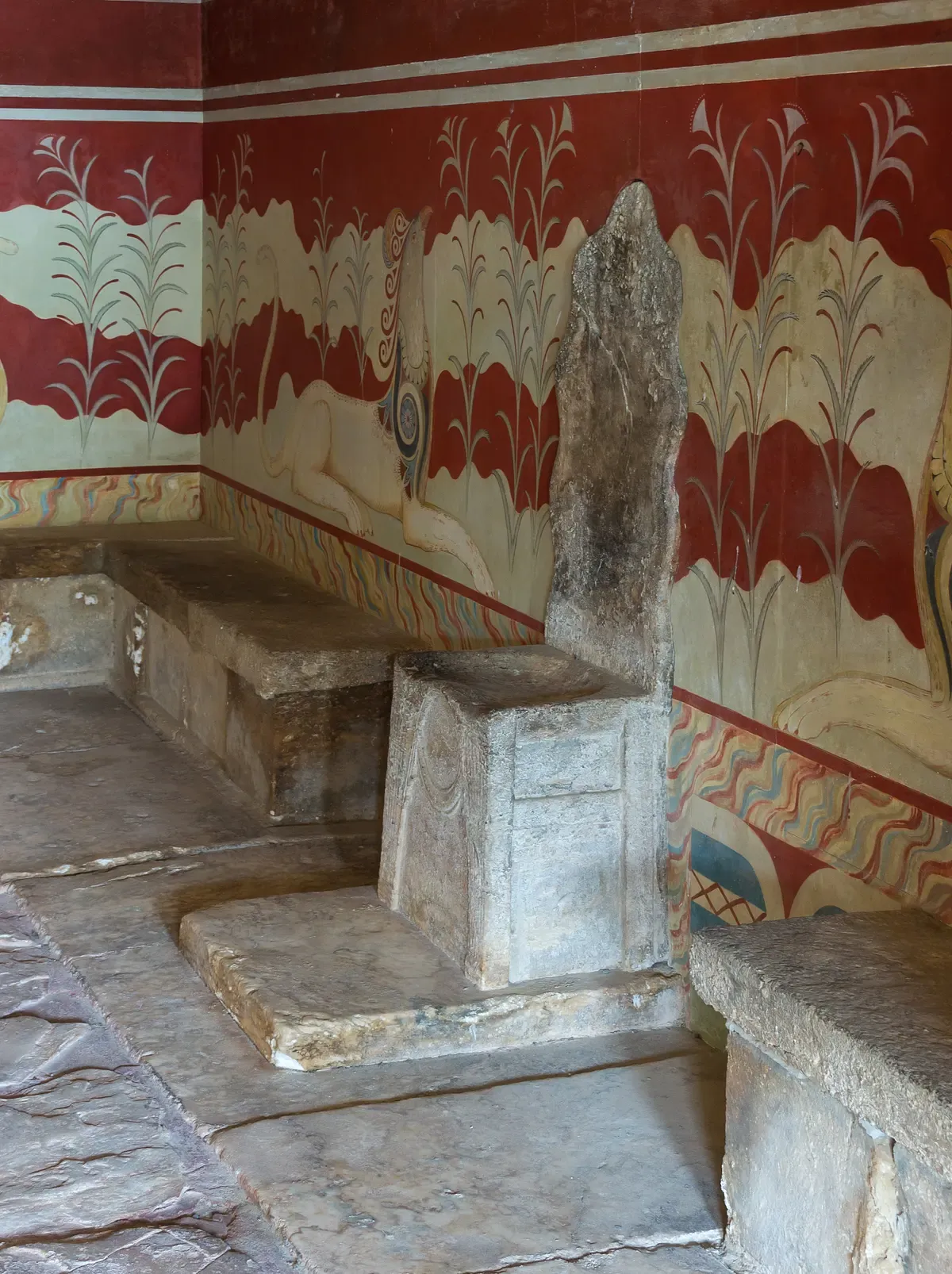 The so-called Throne of Minos in the Throne Room at the Palace of Knossos, Crete