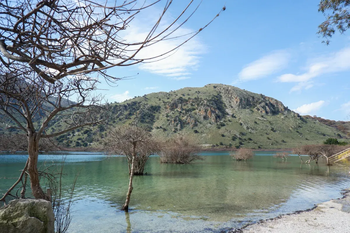 Lake Kournas ringed by hills, Crete's only natural freshwater lake