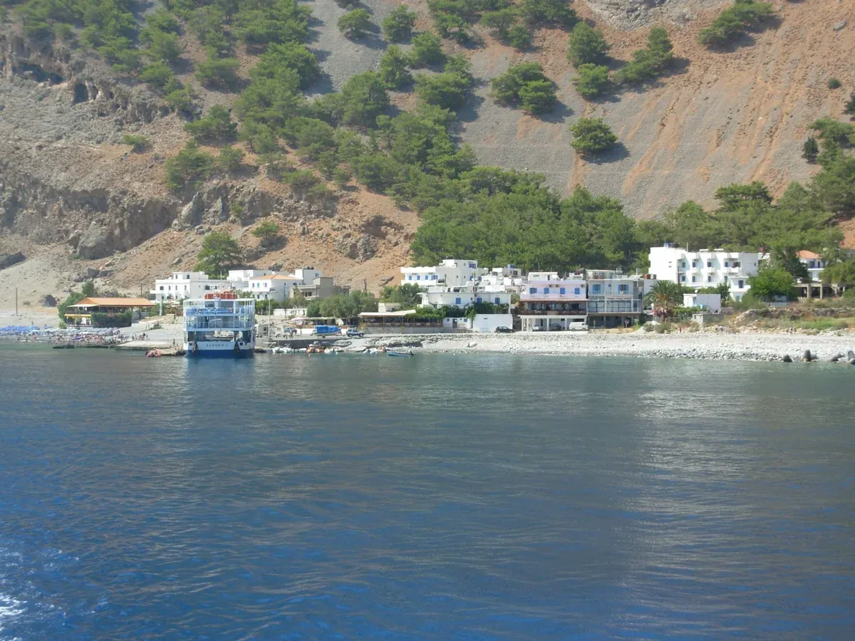 The ferry docked at Agia Roumeli where Samaria Gorge hikers leave by boat, Crete